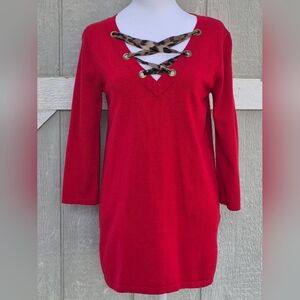 CABLE & GAUGE Knit Sweater Top Women's Red Lace Up Neck Leopard Size S